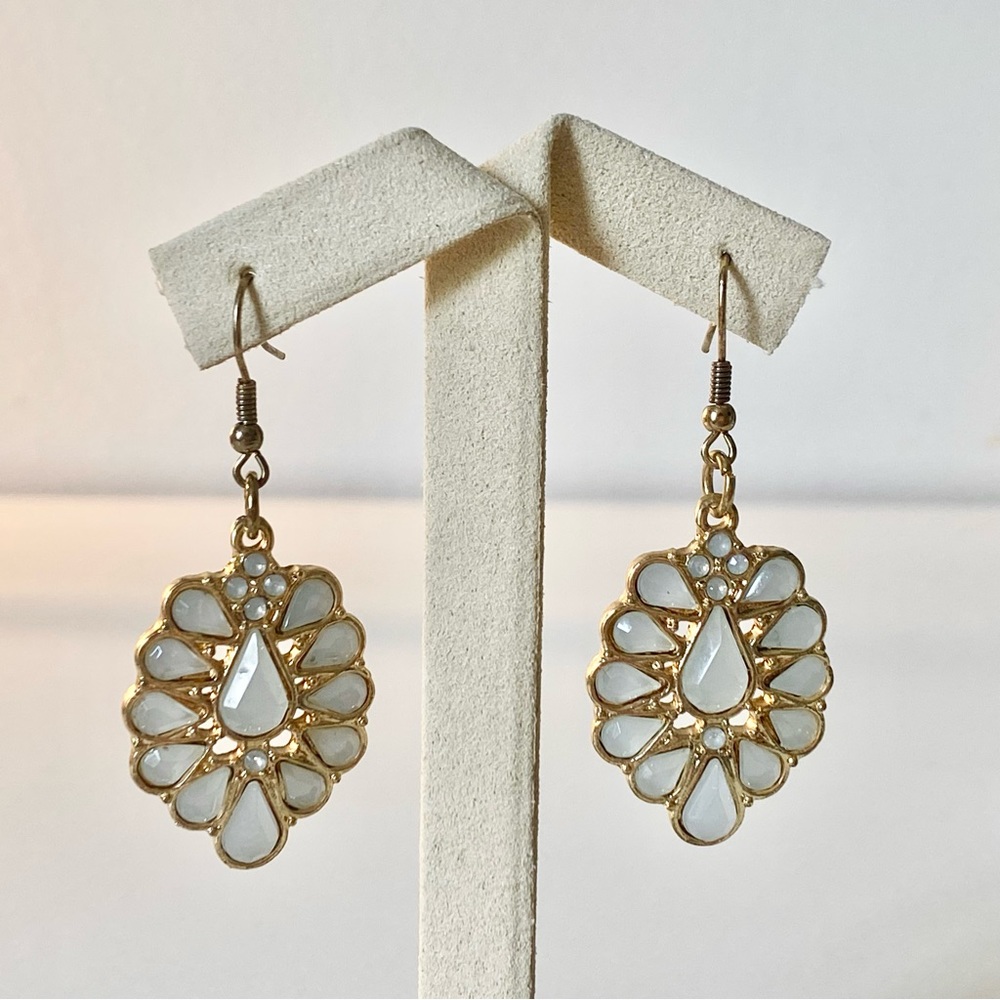 3/$20 Retro Inspired White Stone Gold Frame Drop Earrings